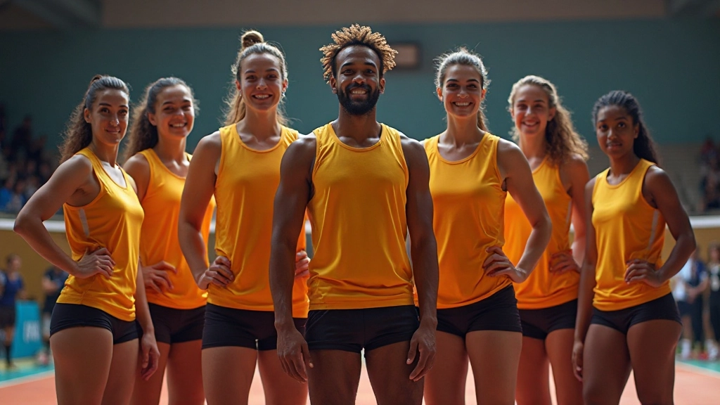 فريق كرة طائرة محترف يقف بثقة في الملعب جاهز للمنافسة