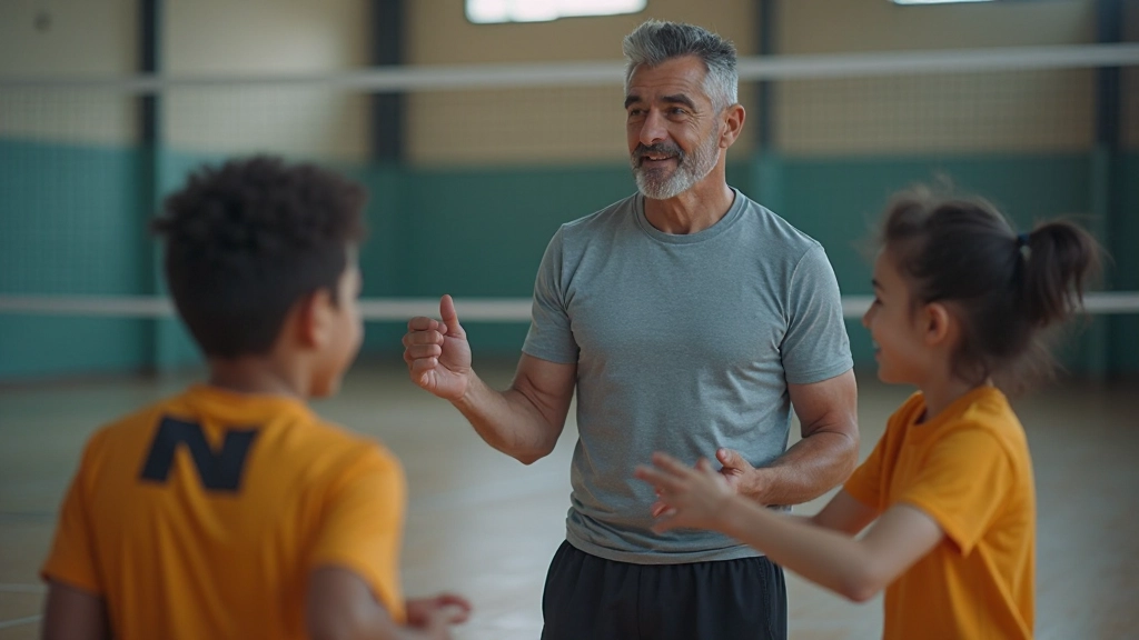 مدرب كرة طائرة يشرح تقنية الإرسال الصحيحة لمجموعة من اللاعبين الشباب