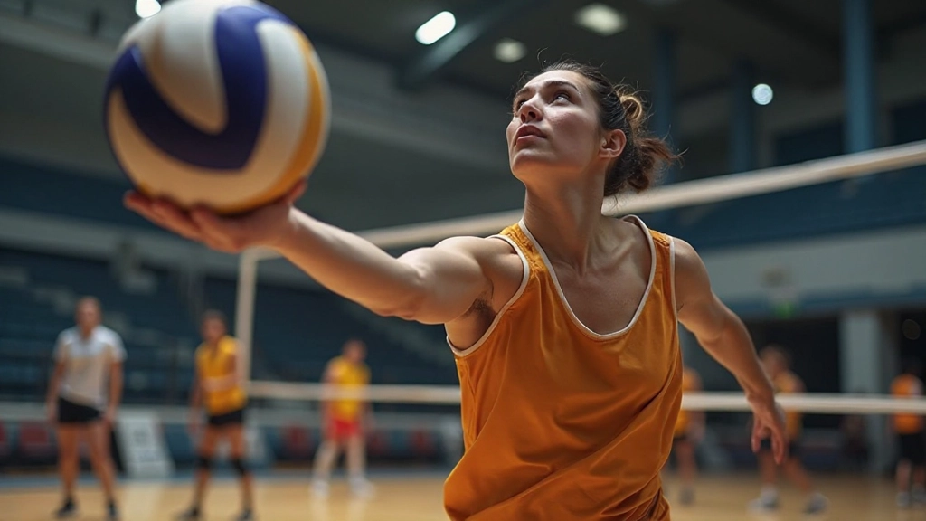 لاعب كرة طائرة يقوم بإرسال الكرة بقوة في ملعب محترف